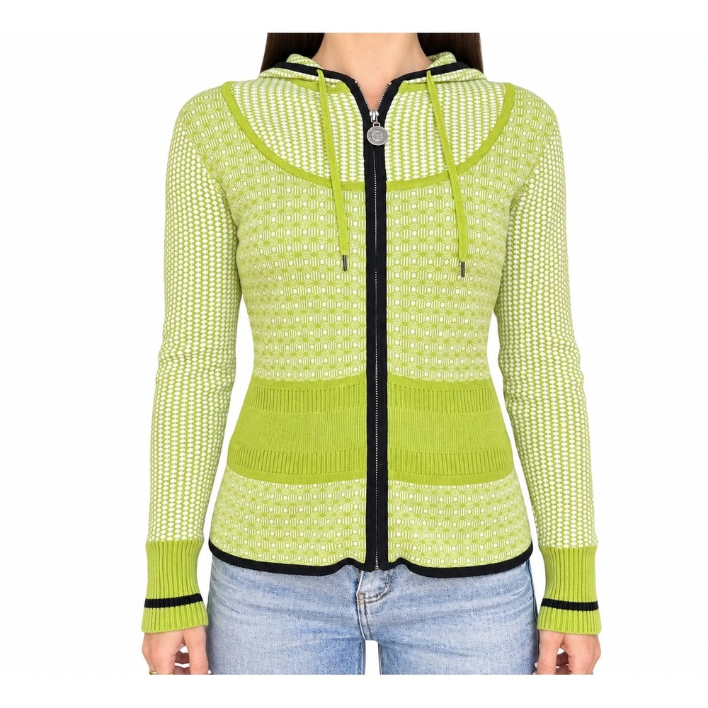 Y2K Green Geometric Knit Zip Up Hoodie Sweater